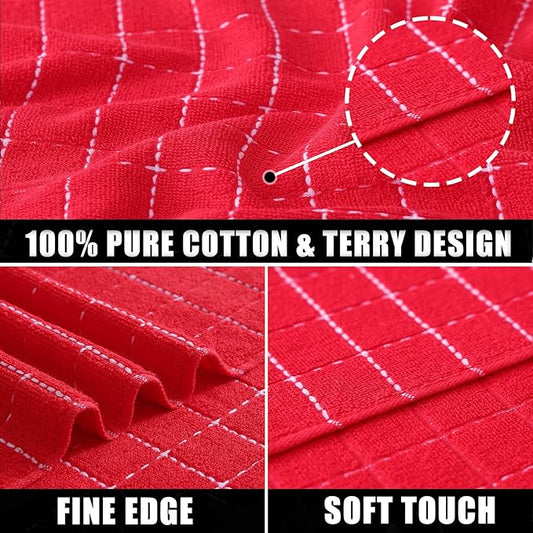 Mordimy 100% Cotton Terry Cloth Dish Cloths, Soft and Absorbent Checkered Dish Towels, Quick Drying Dish Rags for Washing Dishes, 12 Pack, 12 x 12 Inches, Red