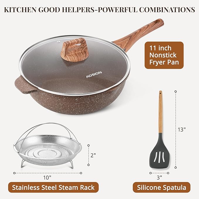 AOSION 11 Inch Nonstick Ceramic Deep Frying Pan Skille with Lid,5QT Sauté Pan for Cooking with Steam Rack,Healthy Large Skillet,Stay Cool Handle, Induction Compatible, PFOA & PFAS Free. (BROWN)