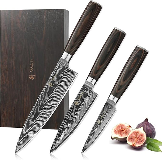 Wakoli EDIB Essentials 3-Piece Damascus Knife Set – Professional Chef's Knives with VG10 Core & 67-Layer Damascus Steel Blades, Ergonomic Pakkawood Handles – Premium Kitchen Knives in Elegant Gift Box