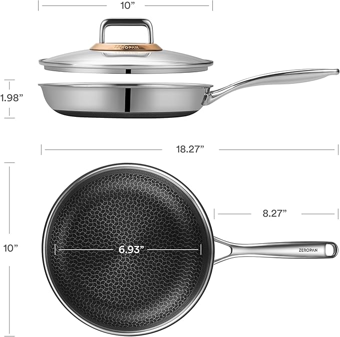 ZEROPAN Hybrid Nonstick 10-Inch Frying Pan with Lid,Non Stick Frying Pan,PFAS PFOA PTFE Free,Stay-Cool Handle, Dishwasher-Friendly, Oven-Safe Up to 600°F, Induction Ready, Compatible with All Cooktops