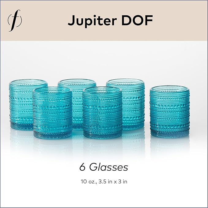Fortessa Jupiter Beaded Hobnail Glass, 10 Ounce Double Old Fashioned (Set of 6), Lagoon Blue