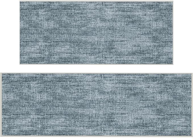 Ottomanson 2-Piece Kitchen Rug Set - Non Slip Runner & Washable Mat - 1'11" x 4' + 1'11"' x 5' - Durable, Stain Resistant for Entryway, Bedroom and Bathroom, Solid Greyish Blue