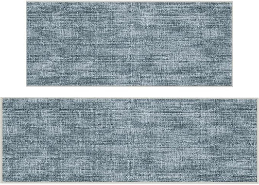 Ottomanson 2-Piece Kitchen Rug Set - Non Slip Runner & Washable Mat - 1'11" x 4' + 1'11"' x 5' - Durable, Stain Resistant for Entryway, Bedroom and Bathroom, Solid Greyish Blue