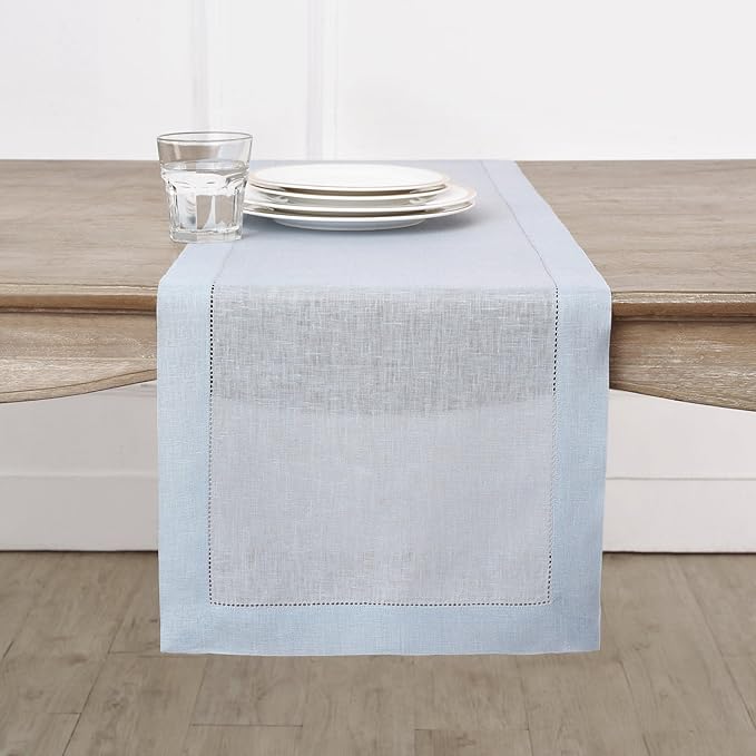 Solino Home Linen Light Blue Table Runner 120 Inches Long - 100% Pure Linen 14 x 120 Inch Table Runner for Winter, Spring, Easter - Classic Hemstitch