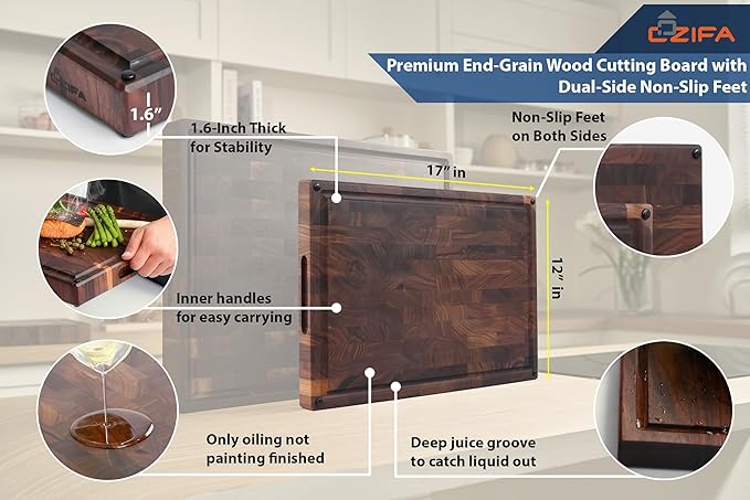 Cozifa American Dark Walnut Wood Cutting Board 17"x12"x1.6" for Kitchen with Juice Groove, Inner Handles, Gift Box Packaging and End Grain Butcher Block Finished with Linseed Oil, Beeswax & Lemon Oil