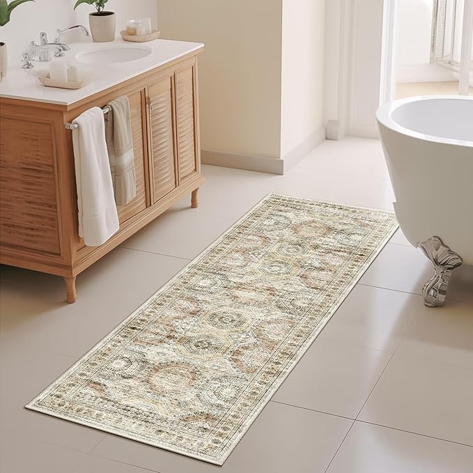 Washable Runner Rugs for Bedroom - 2x6 Runner Rug Non Slip, Ultra-Thin Entryway Runner, Soft Abstract Kitchen Runner for Hallway, Laundry, Bathroom, Indoor Door Mat(2'x6', Brown/Pink)