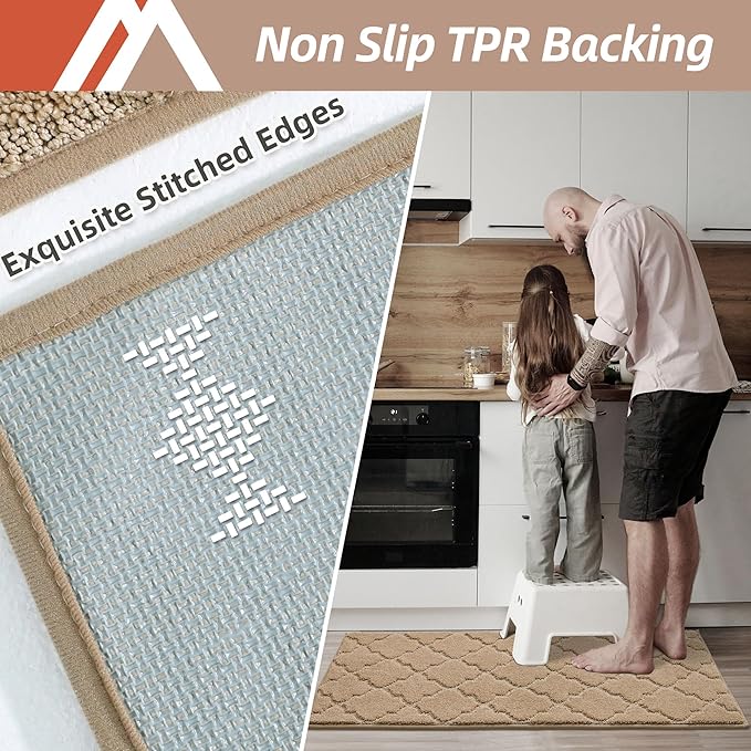 COSY HOMEER Soft Kitchen Rugs [2 PCS] for in Front of Sink Super Absorbent Kitchen Floor Mats and Mats 20x30 Inch/20X48 Non-Skid Kitchen Mat Standing Mat Washable,Polyester,Beige