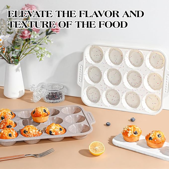 AOTASO 2 Pcs Silicone Muffin Pans for Baking with Metal Reinforced Frame, Nonstick Cupcake Tray for Oven, 12 Cups Regular Size Silicone Molds for Egg Bites, Dishwasher Safe (Brown, Cream)