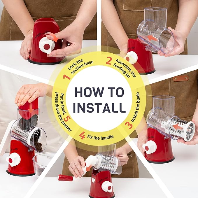 Rotary Cheese Grater Hand Crank, 3 Blades Slicer Shredder, Cheese Grater for Kitchen, Multi-Functional Kitchen Tool for Vegetables, Nuts, Chocolate, with Strong Suction Base, Red