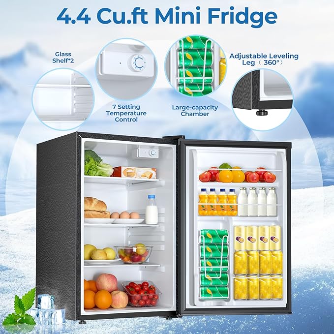 Compact Refrigerator 4.4 Cu.ft Mini Fridge, Single Door Refrigerator with Adjustable Temperature Settings, Low noise, for Bedroom, Office, Dorm Black