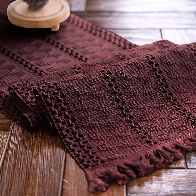 Alynsehom Macrame Table Runner Burgundy Boho Table Runners with Tassels Hand Woven Cotton Table Runner Rustic Farmhouse Table Runners for Bohemian Kitchen Dining Table(12x108in)