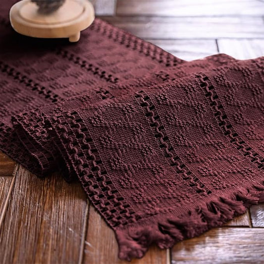 Alynsehom Macrame Table Runner Burgundy Boho Table Runners with Tassels Hand Woven Cotton Table Runner Rustic Farmhouse Table Runners for Bohemian Kitchen Dining Table(12x36in)
