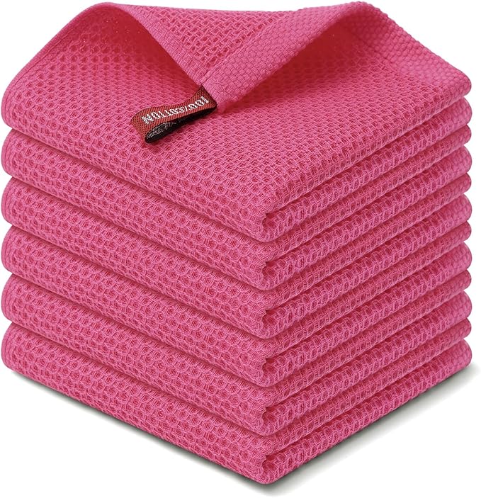 Kitinjoy 100% Cotton Kitchen Dish Cloths (12 X 12 Inches, Hot Pink), 6 Pack Waffle Weave Ultra Soft Absorbent Dish Towels for Drying Dishes Quick Drying Kitchen Towels Dish Rags