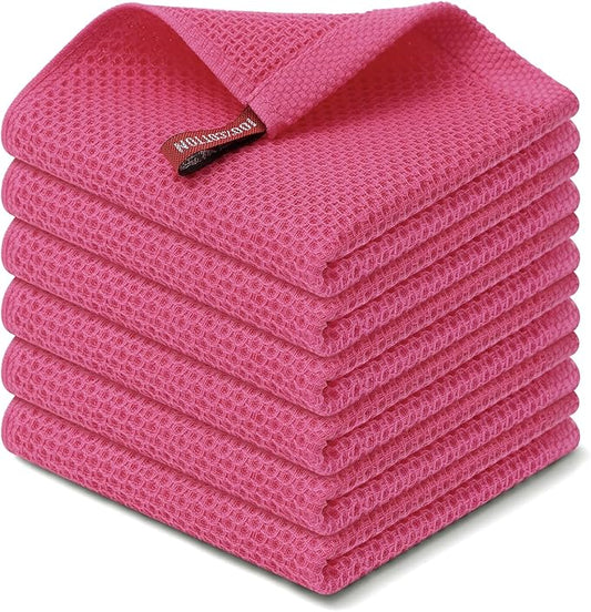 Kitinjoy 100% Cotton Kitchen Dish Cloths (12 X 12 Inches, Hot Pink), 6 Pack Waffle Weave Ultra Soft Absorbent Dish Towels for Drying Dishes Quick Drying Kitchen Towels Dish Rags