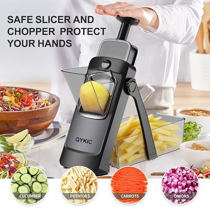 2026 Upgrade Safe Mandoline Slicer S4, Vegetable Chopper, Potato Slicer with Drain Basket Storage Container, Cheese Grater Kitchen Mandolin for Meal Prep (DeepBlack)