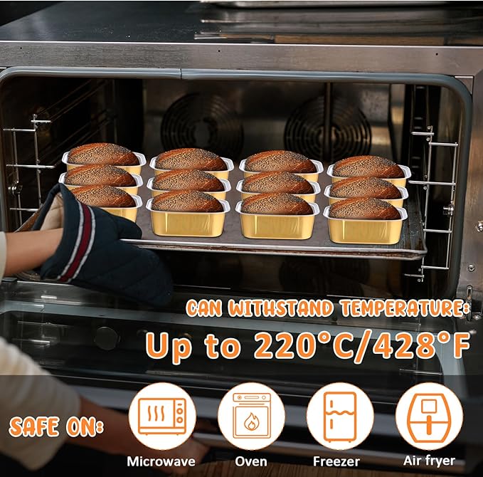 Vesici 100 Sets Mini Loaf Pans with Lids, 5.7 oz Disposable Aluminum Foil Baking Cups, Rectangle Cake Pans for Pudding Desserts Muffin Baking Storage Valentines Wedding Birthday Party(Gold)