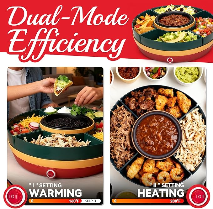 Lazy Susan Taco Bar & Condiment Containers with Lids, 4 Taco Holders for Taco Tuesday Kit, Fondue Pot for Taco Bell Sauce, Burritos, Nachos, and Fajitas, Red