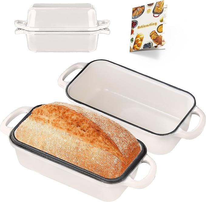 Articasting Cast Iron Bread Loaf Pan with Lid, Loaf Pans for Baking Bread 9x5, Enameled Bread Pans for Homemade Bread, Sourdough, Set of 2 (Cream White)