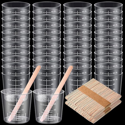 Konohan 100 Pack 2oz/60ml Plastic Mixing Cups Disposable Measuring Cups, Epoxy Bulk Clear Beaker with Graduated and Mixing Sticks for Resin, Laboratory, Liquid, Acrylic Paint Art, Medicine