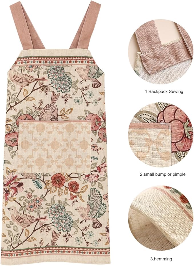 patdrea Blue Floral Linen Apron with Pocket,French Kitchen Garden Chef BBQ Aprons for Women and Men,Crisscross Back Straps