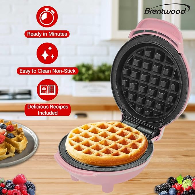Brentwood 5” Non-Stick Mini Maker for Waffles, Keto Chaffles, Hash Browns, and More (Pink)