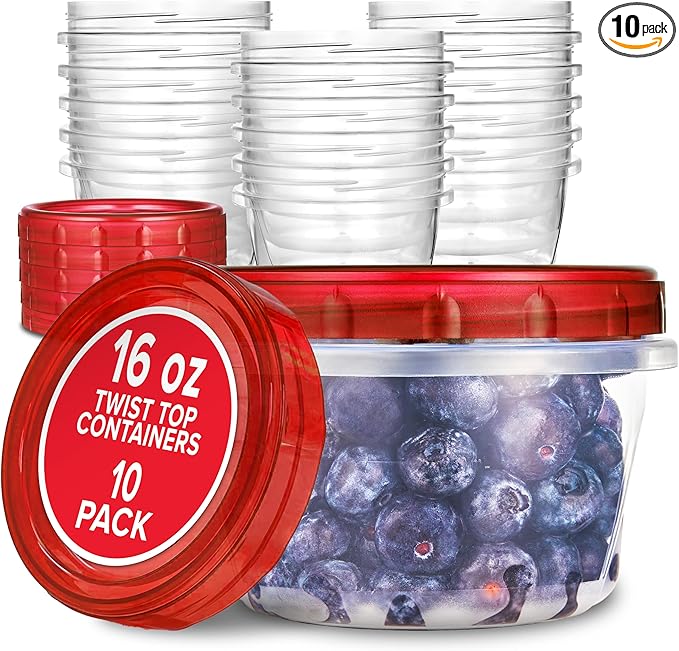Stock Your Home 16oz Plastic Containers with Red Twist Top Lids (10 Pack) – 2-Cup Freezer Containers for Leftovers, Airtight Reusable Soup Storage, Microwave & Dishwasher Safe