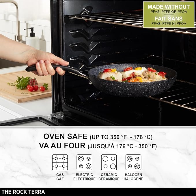 Starfrit The Rock Terra 26cm (10'') Ceramic Non-Stick Fry Pan - Thick Aluminum Base - PFAS Free - Easy to Clean - Black Marble