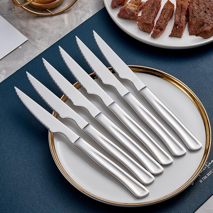 6-Piece Stainless Steel Steak Knives Set - 8.7" Serrated Edge Dinner Knives with Ergonomic Handles, Dishwasher Safe Kitchen Cutlery for Meat, Bread, Vegetables