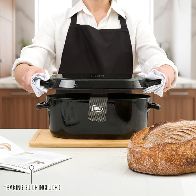 KooK Dutch Oven, For Sourdough Baking, Dual Handles, Enameled Cast Iron, includes Silicone Mat and Sourdough Guide, Dishwasher Safe, 5 Qt, (Black)