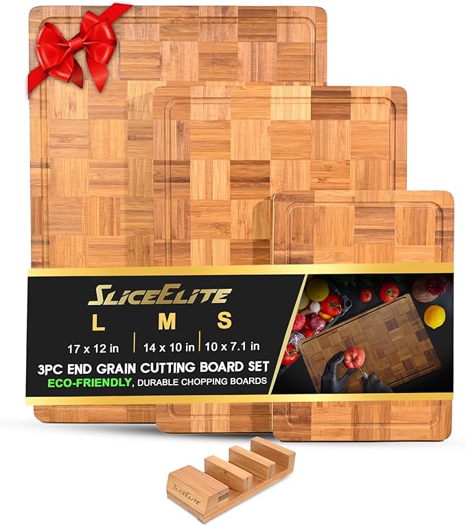 SliceElite Extra Large Bamboo Cutting Board Set 3 Piece End Grain Wooden Chopping Boards with Holder Non Slip Feet Juice Groove XL Butcher Block Style Boards for Kitchen Carving and Serving
