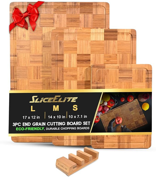 SliceElite Extra Large Bamboo Cutting Board Set 3 Piece End Grain Wooden Chopping Boards with Holder Non Slip Feet Juice Groove XL Butcher Block Style Boards for Kitchen Carving and Serving