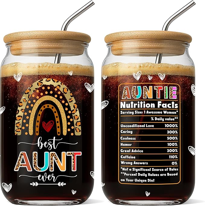 Aunt Gifts from Niece Nephew 16 Oz Coffee Glass Cup with Lid and Straw Aunty Glass Can Christmas Gift for Auntie New Aunts To Be Aunts Announcement Mothers Day Birthday