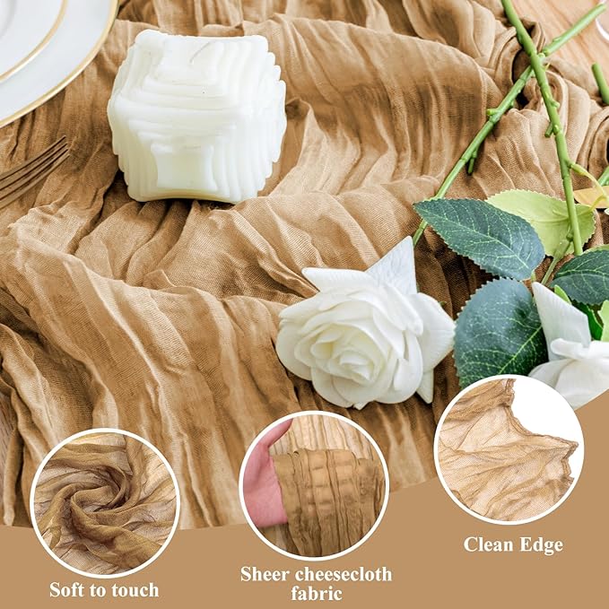 Wokceer Cheesecloth Table Runner Khaki 10FT Boho Gauze Cheese Cloth Table Runner for Party Long Rustic Sheer Table Runners for Baby Bridal Shower Wedding Easter Table Decor
