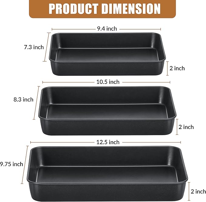 E-far Nonstick Baking Pans Set of 3, Rectangle Stainless Steel Sheet Cake Pan for Toaster Oven, 12.5/10.5/9.4 Inch, Black Bakeware for Brownie Lasagna Casserole Cake, Non-toxic & Healthy, 2 inch Deep