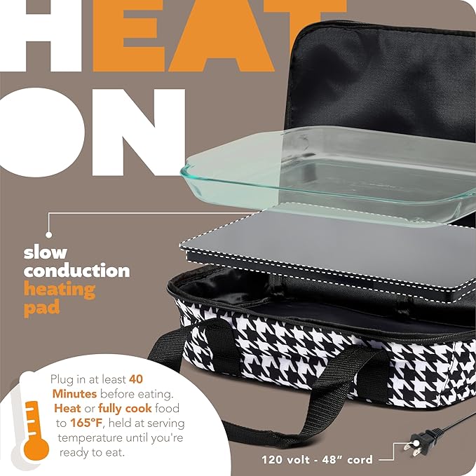 HOTLOGIC Max Large Portable Electric Food Heater W/Glass - Innovative Food Warmer and Heated Lunch Box for Adults Car/Home - Easily Cook, Reheat, and Keep Your Food Warm - Houndstooth - 120V