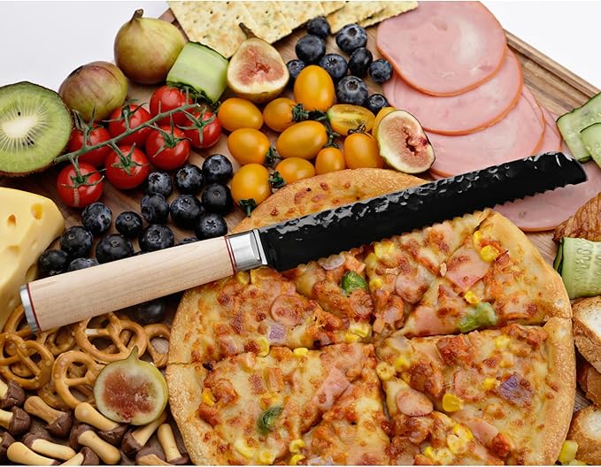 YOUSUNLONG Bread Knife 8 Inch Serated Knife - Japanese AUS8 Steel Black Titanium Coating Blade - Natural Canadian Maple Wood Handle - Bread Slicer Bread Knife For Homemade Bread