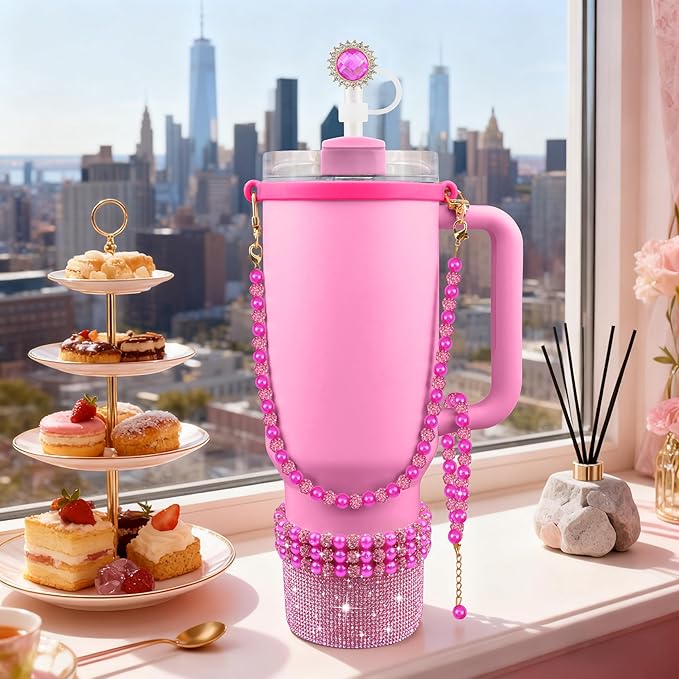 9PCS Hot Pink of Stanley Cup Accessories Set 30/40 OZ Bling Pearl Rhinestones Charms for Stanley Decorations Tumbler Accessories Including Flower Straw Topper, Rhinestones Boot 30/40 OZ