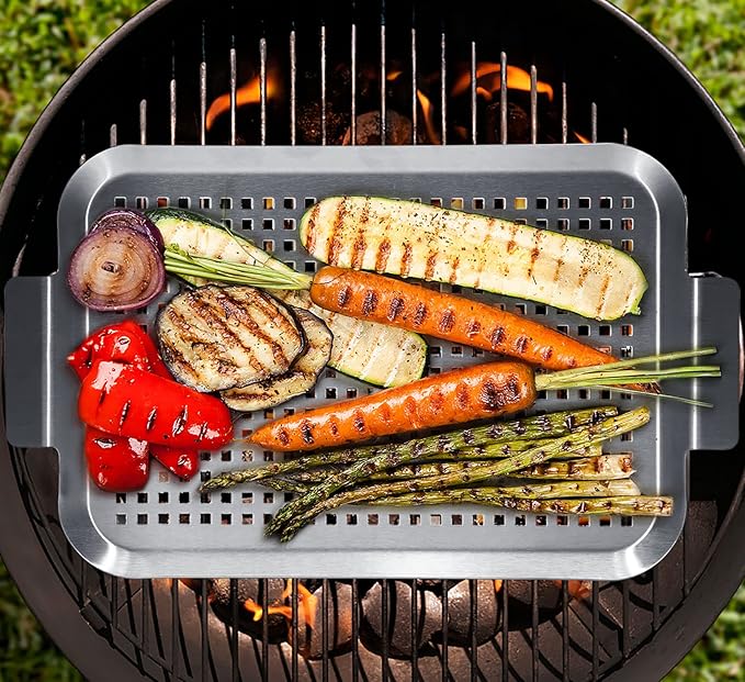 COOK TIME Grill Pan Set of 2, BBQ Grill Topper for Outdoor Grill, Stainless Steel Grilling Baskets with Holes and Handles, Perforated Food Tray Barbecue Accessories for Vegetable, Fish, Middle x 2