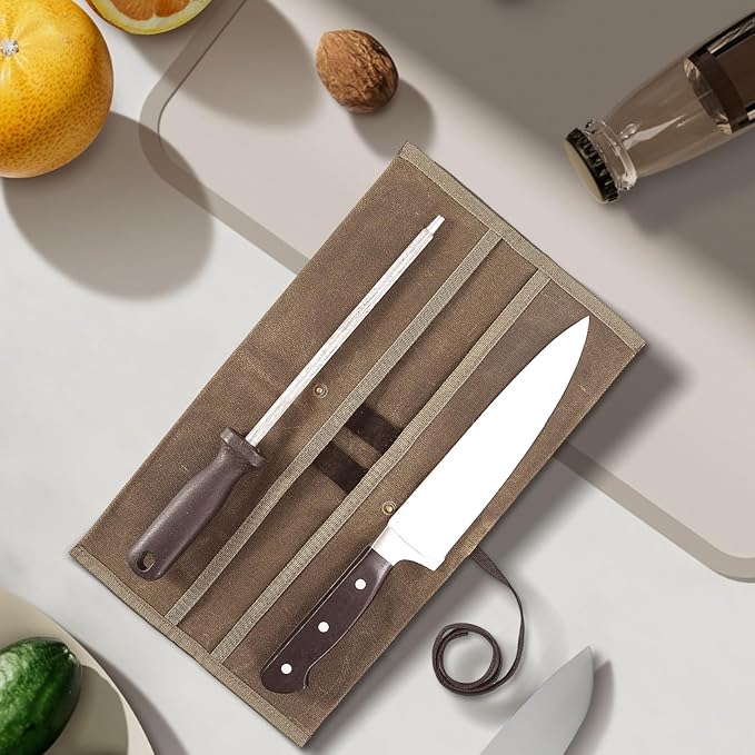 Double Knife Roll for Chefs,Waxed Canvas Vertical Knife Storage Case,Travel Carry-On Roll Bag,Rectangular Protector Sheath Pouch Organizer for Chef Kitchen Cutlery Knives Accessories,Cooking Tool