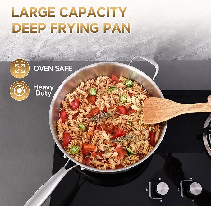 Inqibee Tri-Ply 6 Quarts Stainless Steel Sauté Pan with Lid,12 Inch Induction Deep Frying Pan,Large Skillet,Jumbo Cooker,Dishwasher and Oven Safe,Detachable Handle.
