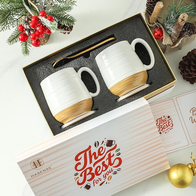 HASENSE Coffee Mugs Gift Set, 20oz Ceramic Mugs Set of 2 with Handle, Glaze Coasters & Spoons in Storage Box, For Coffee Tea and Cocoa, White Couple Mugs for Christmas Thanksgiving