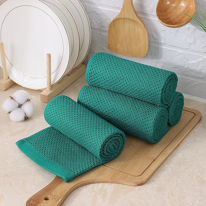 Kitinjoy 100% Cotton Waffle Weave Kitchen Towels, 8-Pack Super Soft and Absorbent Dish Towels for Drying Dishes, Kitchen Hand Towels, 13 in x 28 in, Teal