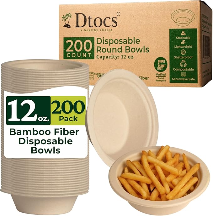 Dtocs Bamboo Fiber Disposable Bowls – 12 Oz, 200 Pk | Eco Friendly Biodegradable Small Bowl | Microwavable Bagasse Bowl Like Soup, Cake, Dip, Salad | Biodegradable Dinnerware Alt to Paper, Plastic