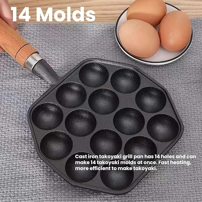 Topyond Cast Iron Aebleskiver Pan, 14 Holes Takoyaki Nonstick Cast Iron Ebelskiver Pan, Mochi Maker Grill Pancake Pan with Detachable Handle