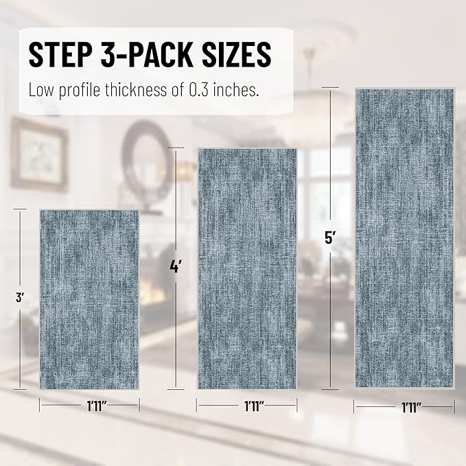 Ottomanson 3-Piece Kitchen Rug Set - Non Slip Runner & Washable Mat - 1'11" x 3' + 1'11" x 4' + 1'11"' x 5' - Durable, Stain Resistant for Entryway, Bedroom and Bathroom, Solid Greyish Blue