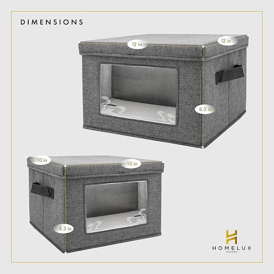 HOMELUX THEORY Hard Shell China Storage Containers for Dishes, 2pcs 12"x8" Plate Storage, Square Storage Containers with Lid, Heavy Duty Fine China Dish and Dinnerware Storage with 30 Felt Pads