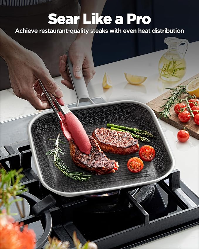 SNOWCLAD Nonstick Grill Pan,12 Inch Square Steak Grilling Pan for Indoor Cooking & Outdoor Grilling, Non Stick Stainless Steel Grill Skillet Steak Pan, PFOA Free cookware
