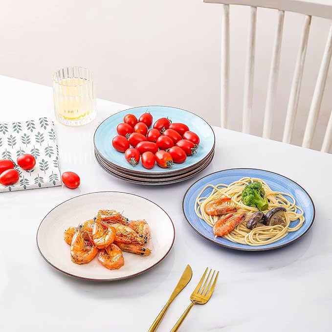 KitchenTour Ceramic Dinner Plates, 8 Inch Porcelain Serving Plate for Salad, Dessert Pizza Steak Pasta Plates Set, Dishwasher and Microwave Safe - Set of 6, Assorted Warm Colors