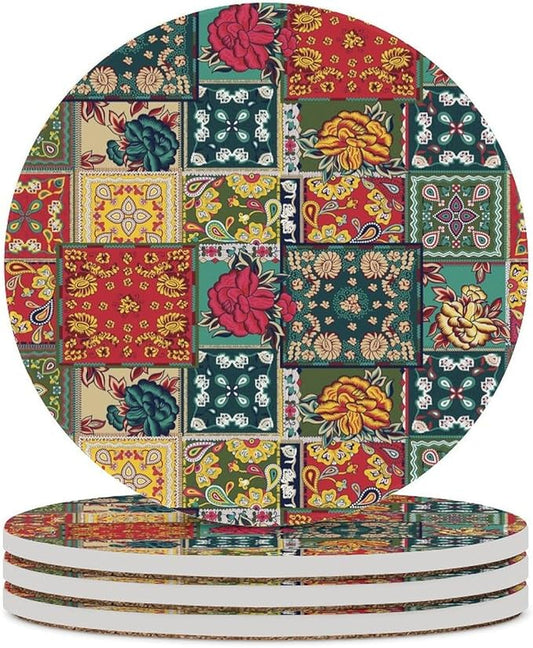 Round-4PCS Floral Drink Coasters, Round Modern Ceramic Absorbent Coasters, Abstract Perris Flower Nature Plant Colorful Boho Floral Decor Desk Coffee Table Coaster for Beverage Cup Tea Coasters
