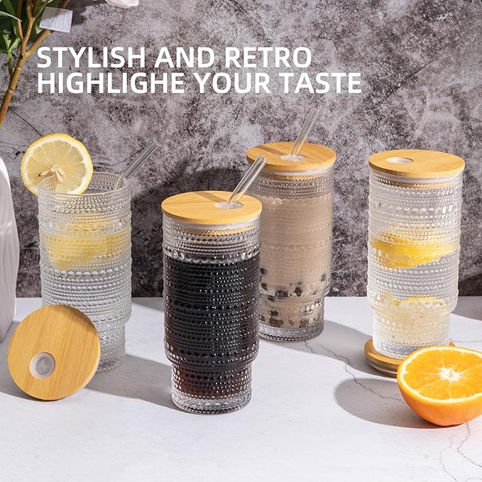 Drinking Glasses with Bamboo Lids and Glass Straw 4pcs Set,16oz Glass Tumbler Cups,Water Glasses,Iced Coffee Glasses,iced Tea Glasses,Beer Glasses,Ideal for Whiskey,2 Brushes